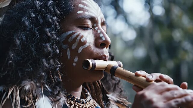 Profile Portrait of Indigenous Person Playing Wooden Flute Outdoors with Face Paint and Feather Adornments