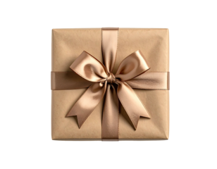 Square gift, brown paper wrapped, with gold ribbon bow and horizontal, vertical band