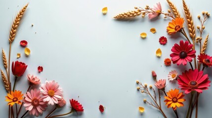 Vibrant Floral Arrangement with Wheat Stalks A Stunning Autumnal Design Featuring a Delicate Palette of Pink, Red, and Orange Flowers and Golden Wheat Sprays on a Soft Blue Background