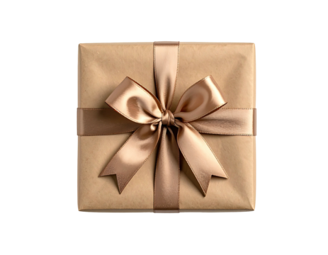Square gift, brown paper wrapped, with gold ribbon bow and horizontal, vertical band