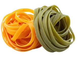 Close-up of two nests of colored pasta, one orange, one green, against black