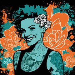 smiling female face portrait surrounded by artistic flowers