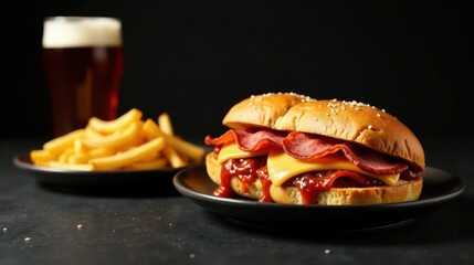 Savory Sub Sandwich with Melted Cheese, Crispy Bacon, and Zesty Sauce Served with Golden French Fries and a Refreshing Beverage