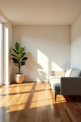 Sunlight streams through a window illuminating a minimalist living room with a light gray sofa and a potted plant, creating a serene and inviting atmosphere