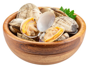 A wooden bowl filled with fresh clams, some open, garnished with parsley
