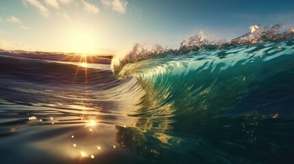 turquoise surfing ocean wave with sunset view