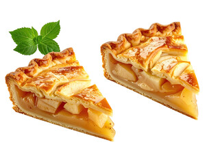 Two golden apple pie slices with lattice crust and a sprig of fresh green herb