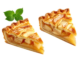 Two golden apple pie slices with lattice crust and a sprig of fresh green herb