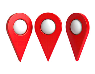 Three 3D, glossy red location markers with white centers, aligned