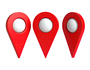 Three 3D, glossy red location markers with white centers, aligned