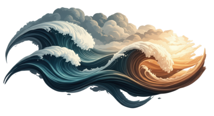 Pixel Art Crashing Ocean Waves Dynamic Stormy Sky Sunlight Golden Hour Isolated On Transparent Background