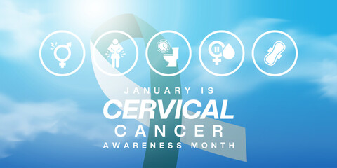 January is National Cervical Cancer Awareness Month. Ribbon, people icon, cloud, sun and more. Suitable for posters, banners and social media. Blue background.