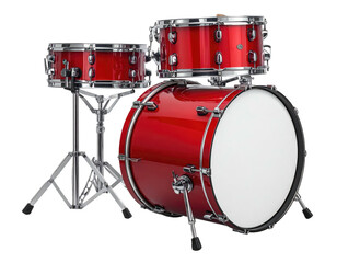 A shiny, red drum set featuring multiple drums on stands and an open bass drum