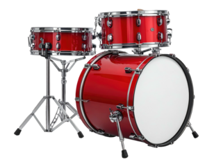 A shiny, red drum set featuring multiple drums on stands and an open bass drum