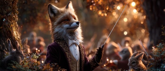 Elegant fox conductor leading woodland orchestra in autumnal forest, a whimsical fantasy scene perfect for children's books and magical storytelling projects