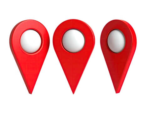 Three 3D, glossy red location markers with white centers, aligned