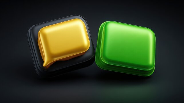 Two shiny green and yellow buttons representing a suggestion node concept for interactive chat and user engagement
