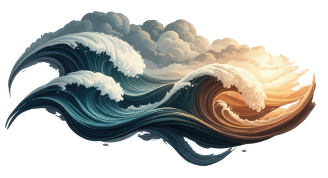 Pixel Art Crashing Ocean Waves Dynamic Stormy Sky Sunlight Golden Hour Isolated On Transparent Background