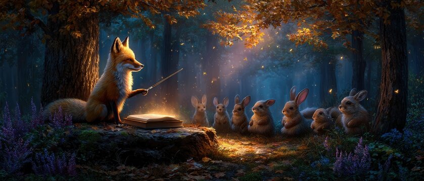 Enchanting forest scene where a wise fox is teaching a group of adorable bunnies from a glowing book, ideal for children's stories and educational content
