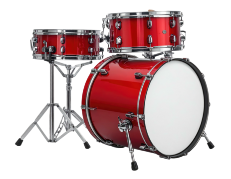A shiny, red drum set featuring multiple drums on stands and an open bass drum