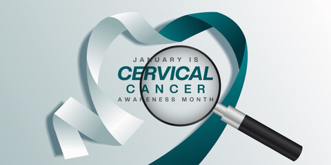 January is National Cervical Cancer Awareness Month. Heart shaped ribbon and Magnifying glass. Suitable for posters, banners and social media. White background.