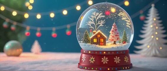 Christmas snow globe with house and tree on festive background - Powered by Adobe