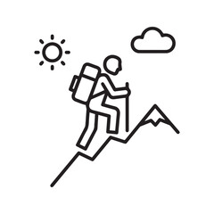 Hiking line icon, hiker with backpack climbing mountain, outdoor adventure vector symbol.
