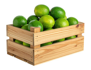 Wooden crate overflowing with vibrant green citrus fruits against a black backdrop