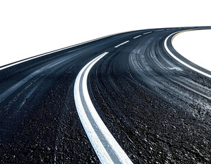 Asphalt road curves towards horizon with white dividing lines against a black background