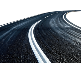 Asphalt road curves towards horizon with white dividing lines against a black background