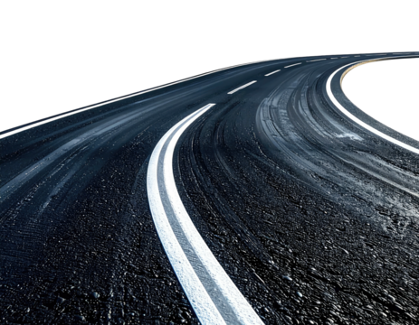 Asphalt road curves towards horizon with white dividing lines against a black background