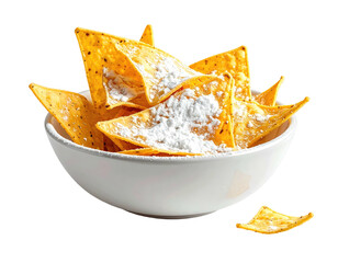A white bowl overflowing with golden tortilla chips dusted with a powdery topping
