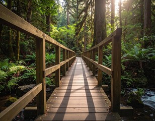 Wooden Footbridge Through Lush Forest with Sunlight Streaming Through Tall Trees Casting Shadows Creating a Serene and Natural Atmosphere