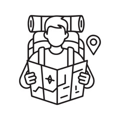 Traveler with map and backpack line icon, tourist navigation and location pin symbol.
