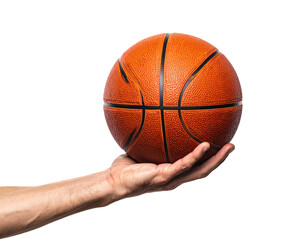 Hand holding an orange and black basketball against a solid black background