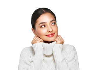 Portrait of young happy beautiful woman smiling and looking away, isolated on transparent...