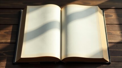 An Open Book Basking in Sunlight on a Wooden Surface, Ready for Your Words