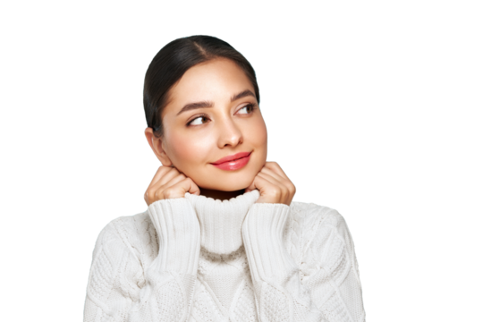 Portrait of young happy beautiful woman smiling and looking away, isolated on transparent background in a warm white sweater. Concept of winter promo sale