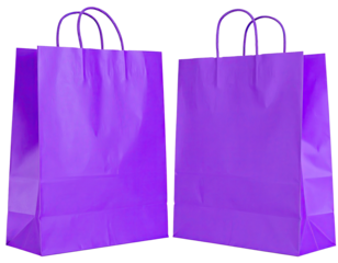 Two vivid purple shopping bags stand side-by-side, ready for purchases