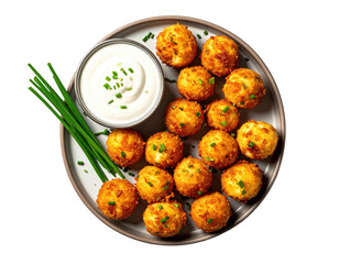 Golden, crispy fried cheese balls on a plate with dipping sauce and chives