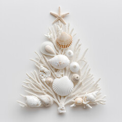 Coastal Christmas: a festive, elegant Christmas tree crafted entirely from delicate seashells, starfish, and coral, evoking the serenity of the coast. A minimalist.