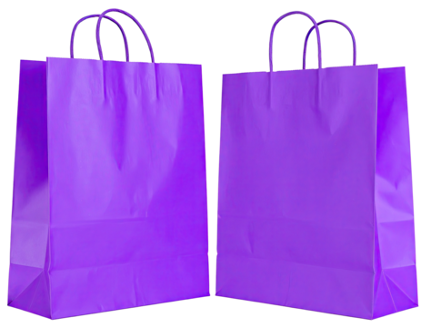 Two vivid purple shopping bags stand side-by-side, ready for purchases