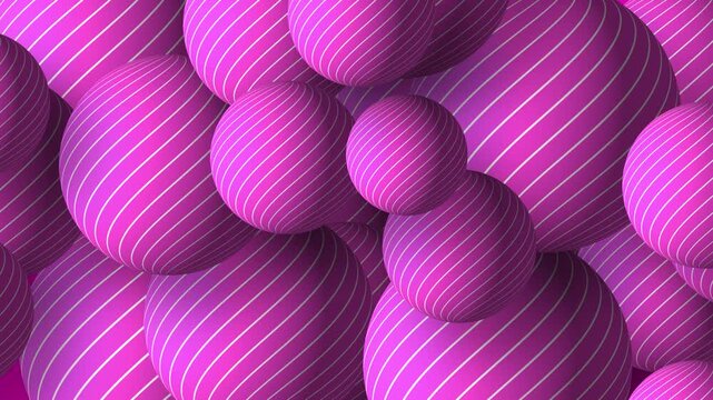 Slow motion 3D animation showing striped line work circular round balls moving on a gradient dynamic background visual effect patterns motion graphics abstract design colour way tones pink magenta