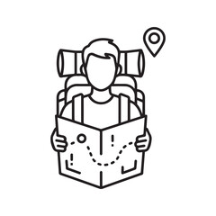 Traveler with map and backpack line icon, tourist navigation and location pin symbol.
