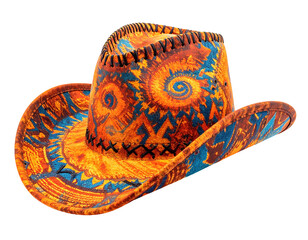 A vibrantly patterned cowboy hat with a colorful southwestern design