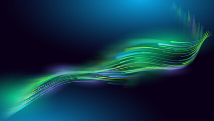 Green Glowing Dots Wave Lines Abstract Background. Futuristic Energy Flow, Digital Tech, Data Stream Design, Sustainable Renewable Energy Presentation Backdrop. Green Tech and Science Vector. © ec0de