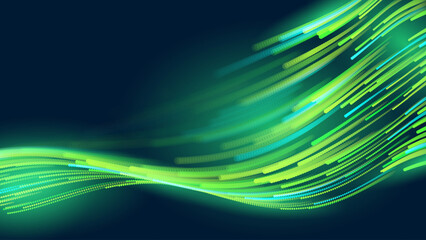 Green Glowing Dots Wave Lines Abstract Background. Futuristic Energy Flow, Digital Tech, Data Stream Design, Sustainable Renewable Energy Presentation Backdrop. Green Tech and Science Vector. © ec0de