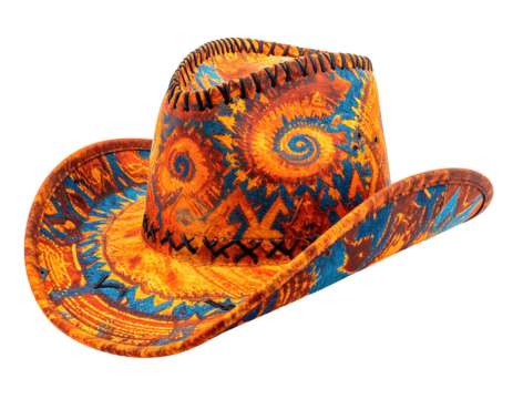 A vibrantly patterned cowboy hat with a colorful southwestern design