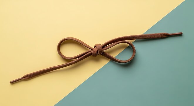 a brown shoelace tied into a bow against yellow blue background