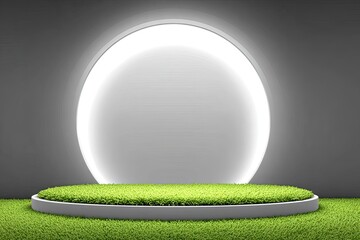 Circular grass platform before glowing oval cutout backdrop